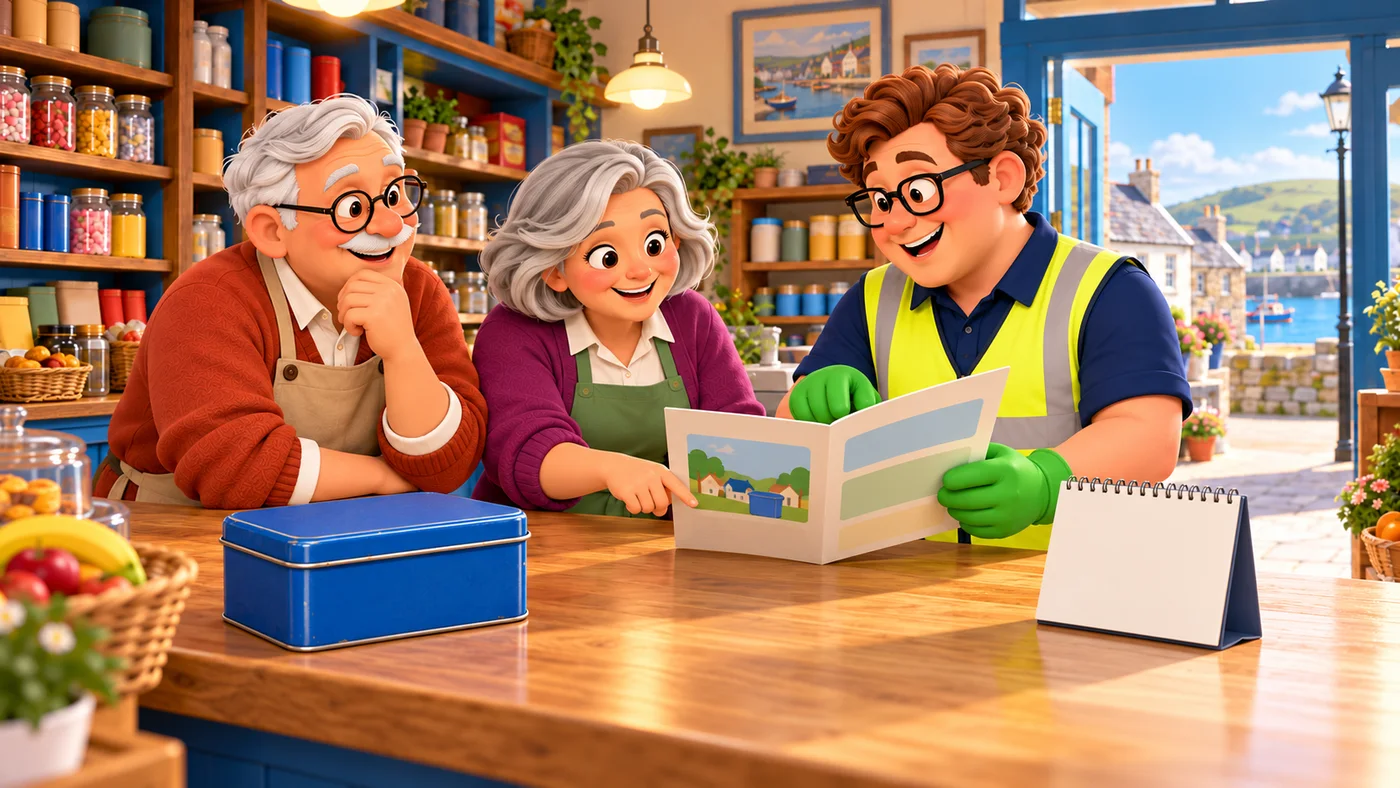 Eddie, May and Tommy look at a leaflet together at the counter.