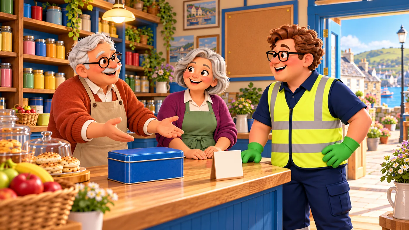 Tommy, May and Eddie smile beside the useful tin.
