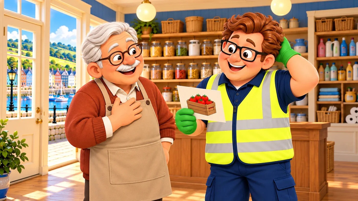 Tommy laughs at the picture of the produce crate.
