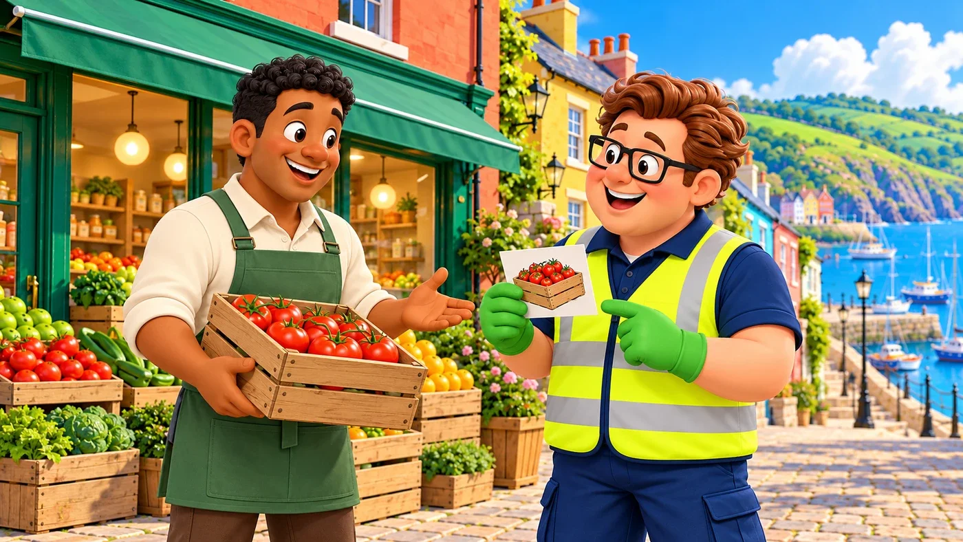 Thomas, the greengrocer, holds a crate of tomatoes outside his shop and greets Eddie.
