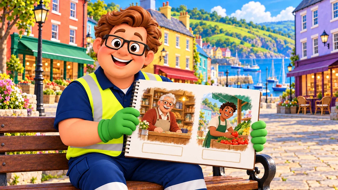 Eddie holds up his picture of both Tommys and both shops.