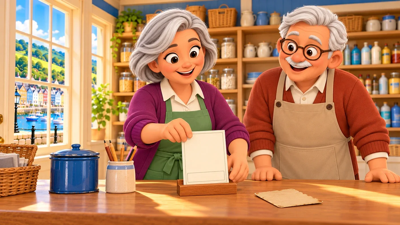 May puts a card beside the tin on the counter.