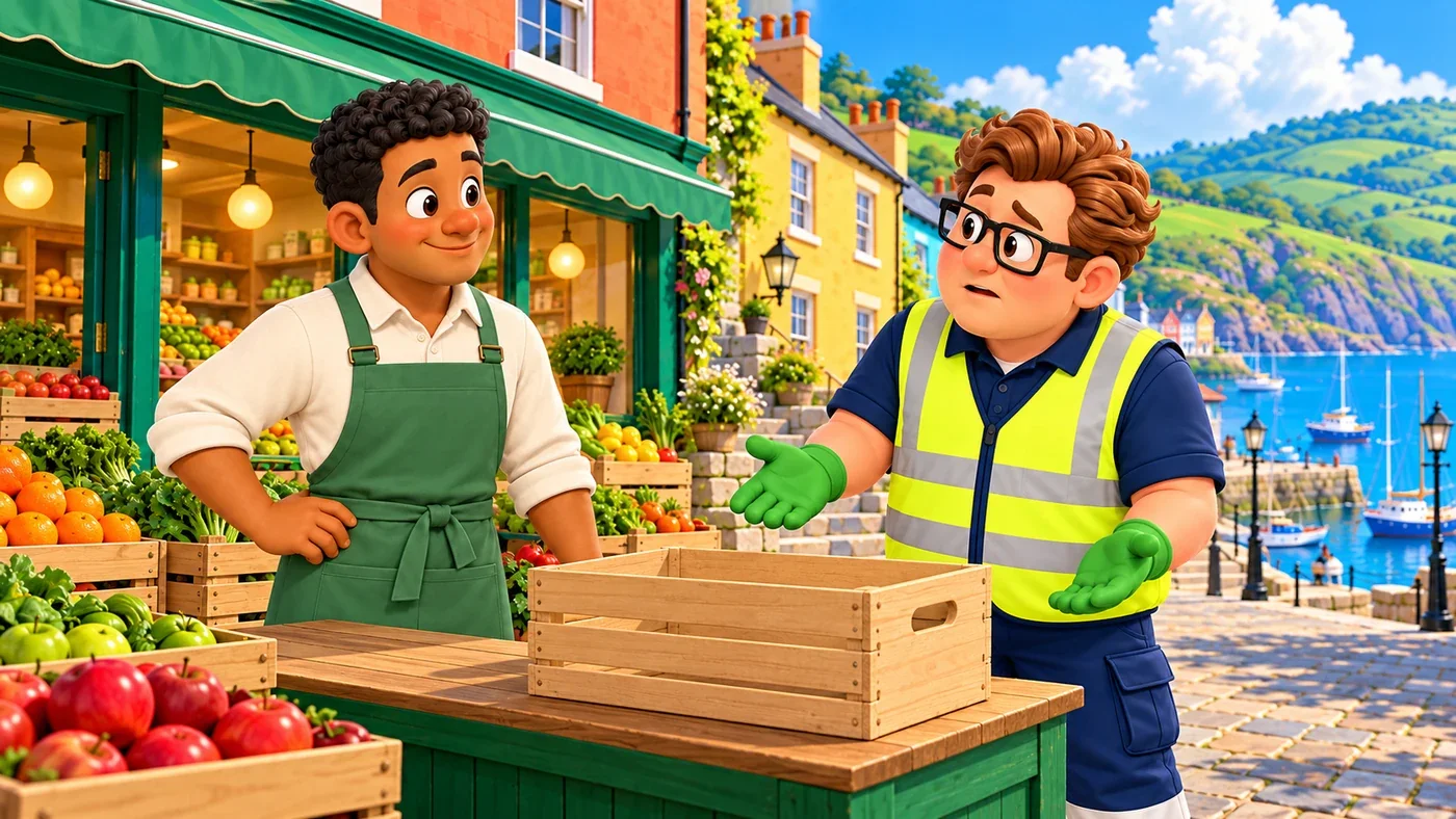 Eddie points at an empty crate, puzzled.