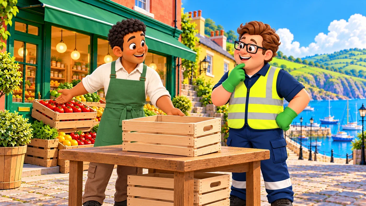 Thomas explains to Eddie beside the crates.