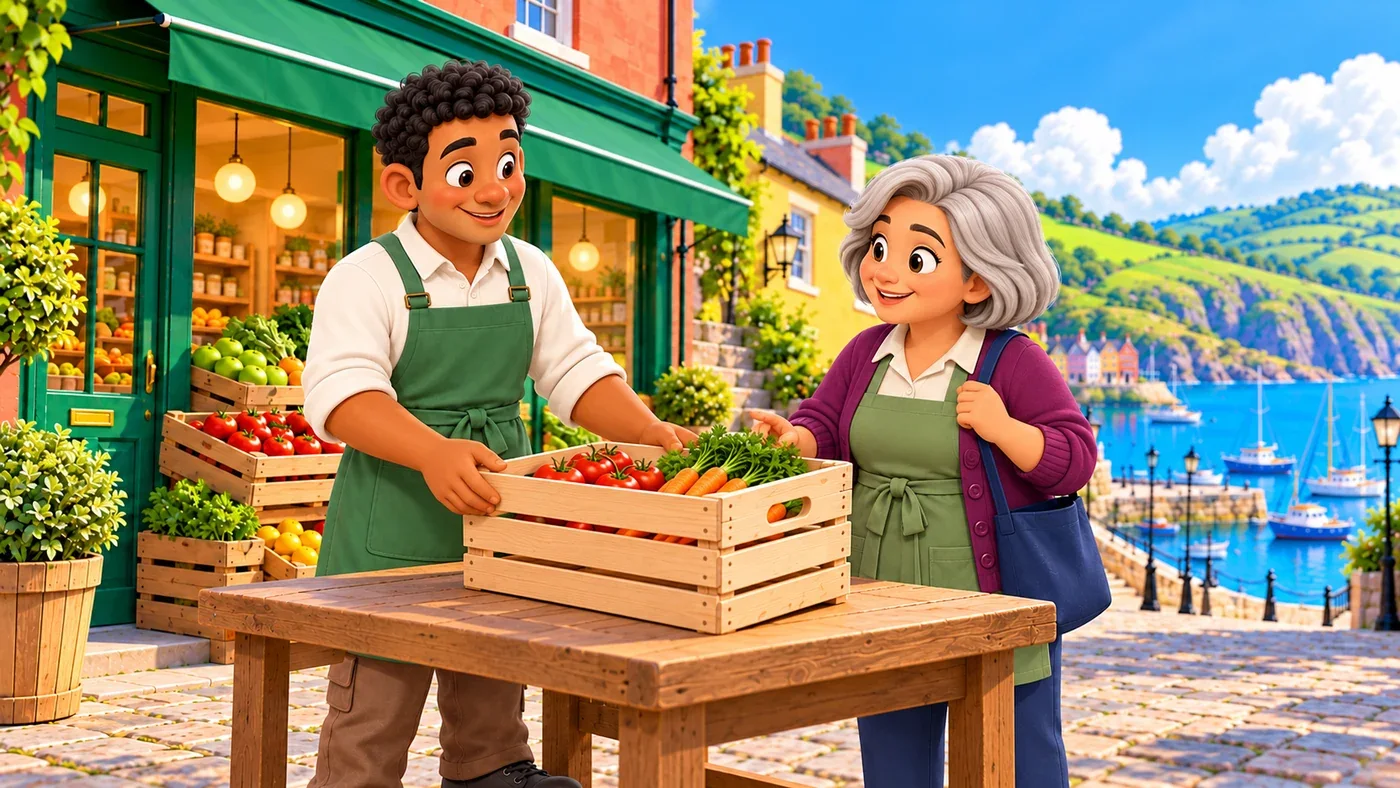 Thomas fills the crate with fresh vegetables for May.