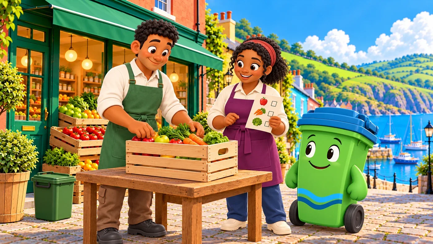 Thomas fills a crate at his shop while Mairi checks the list.