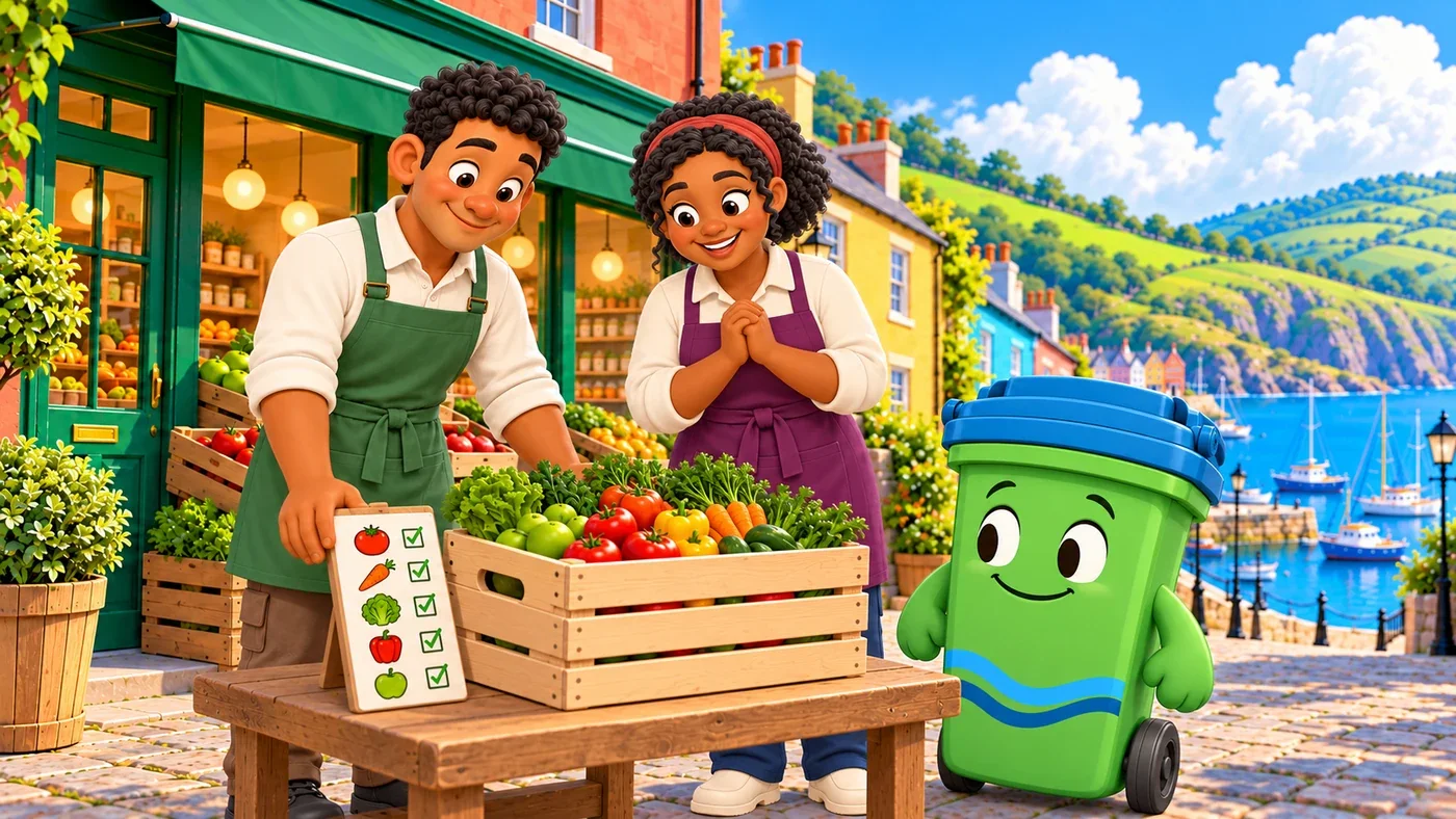Thomas, Mairi and Buddy beside a full crate of fresh vegetables.