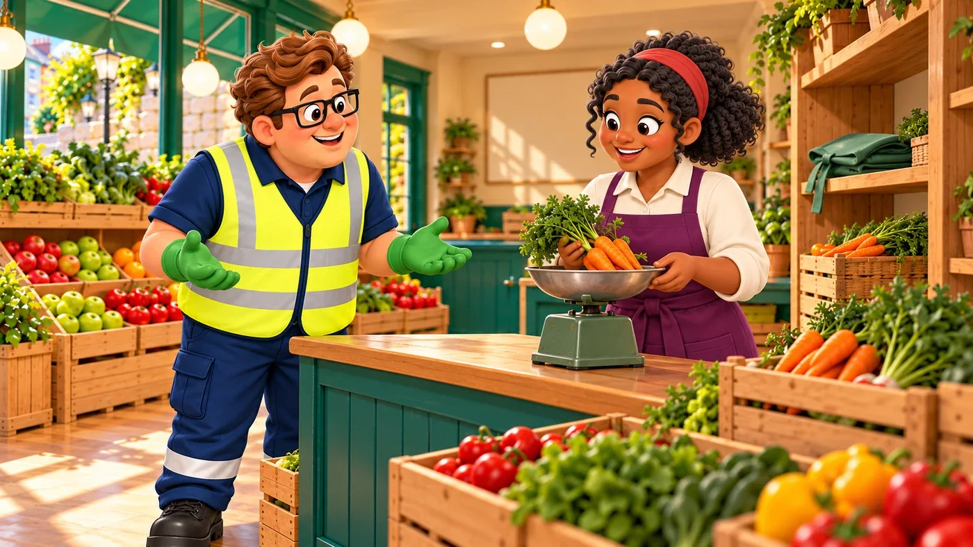 Eddie stands at the counter while Mairi weighs a basket of carrots. Thomas’s apron is folded on a shelf.