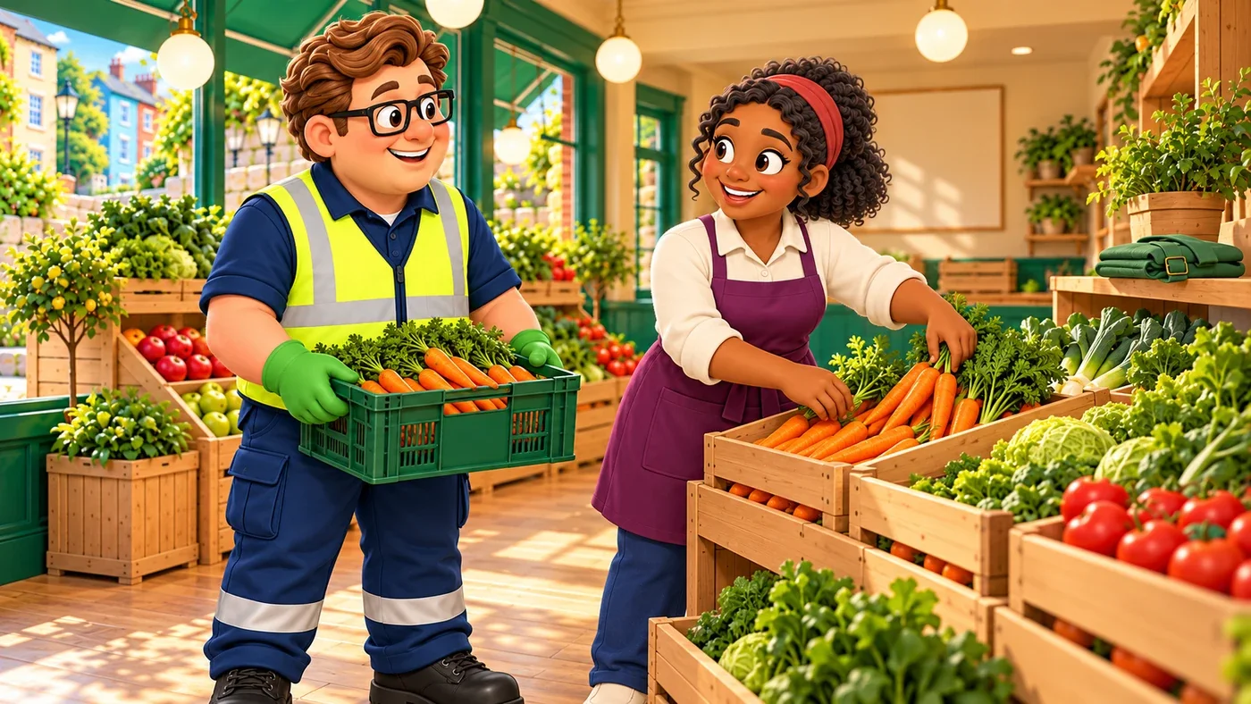 Mairi tops up a crate of carrots while Eddie holds a smaller crate for her.