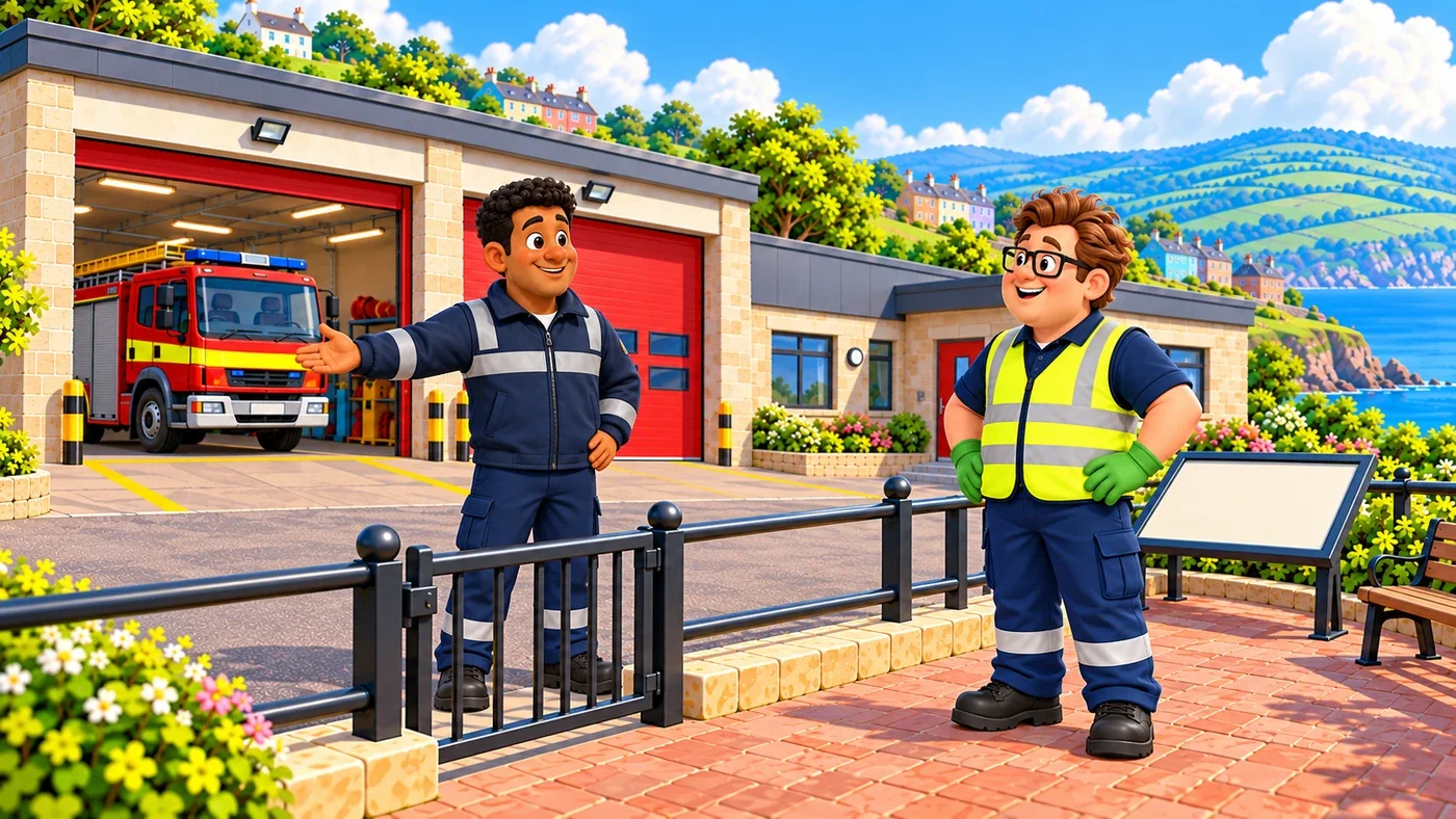 Outside the fire station, Eddie stands on the public side of a closed barrier. Thomas, in navy workwear, stands on the other side, with the fire engine parked behind him.