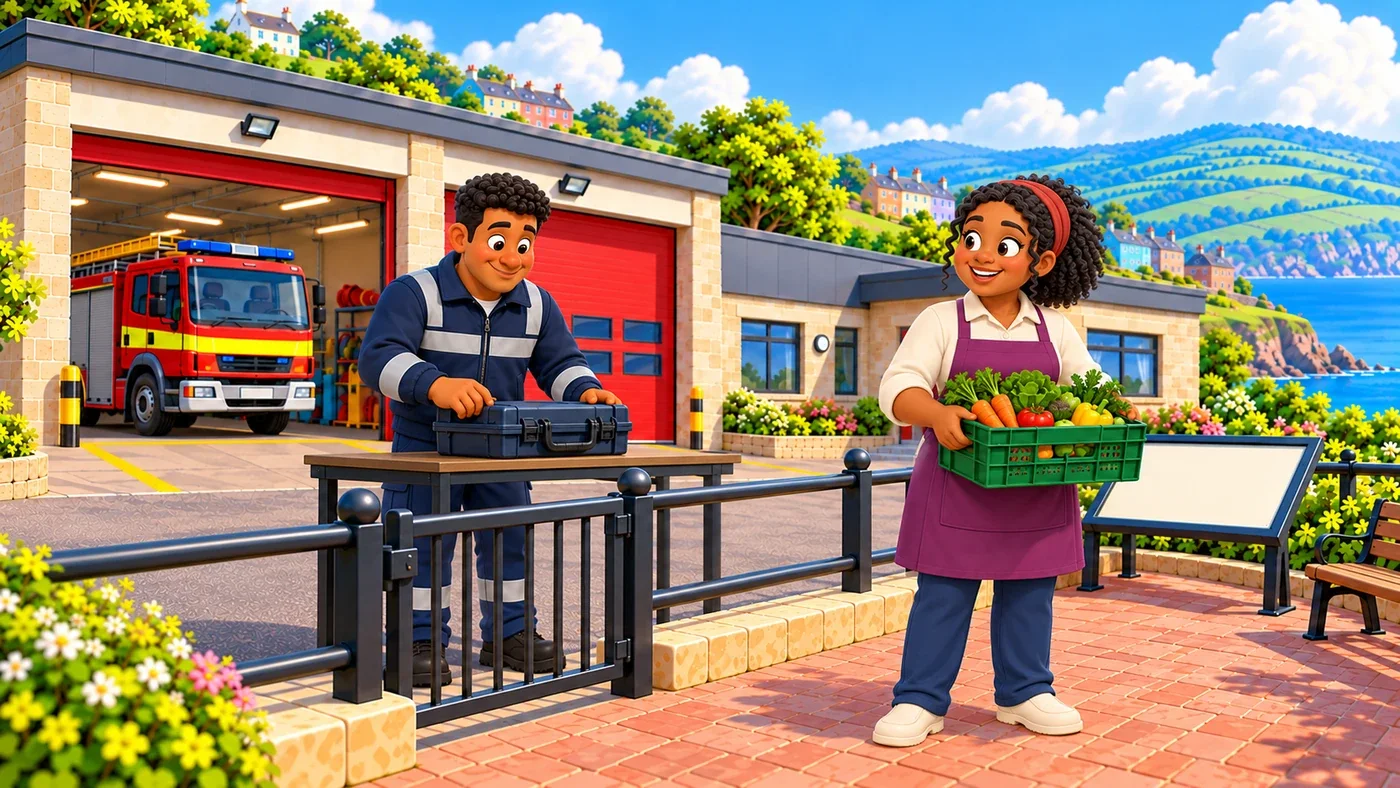 Thomas checks a closed case behind the barrier while Mairi waits on the public side holding a green crate of produce.