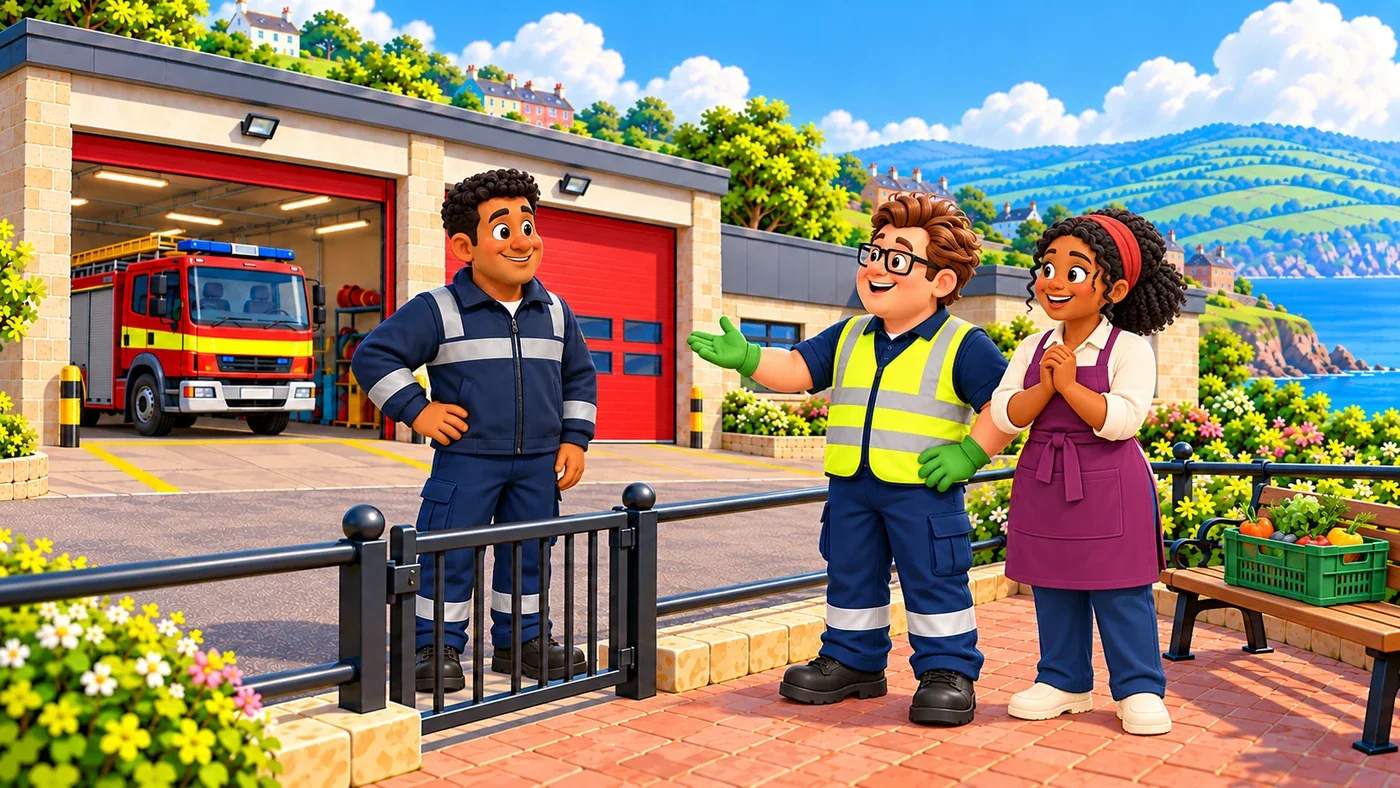 Eddie and Mairi stand on the public side and Eddie thanks them both, with Thomas behind the closed gate and the fire engine parked.