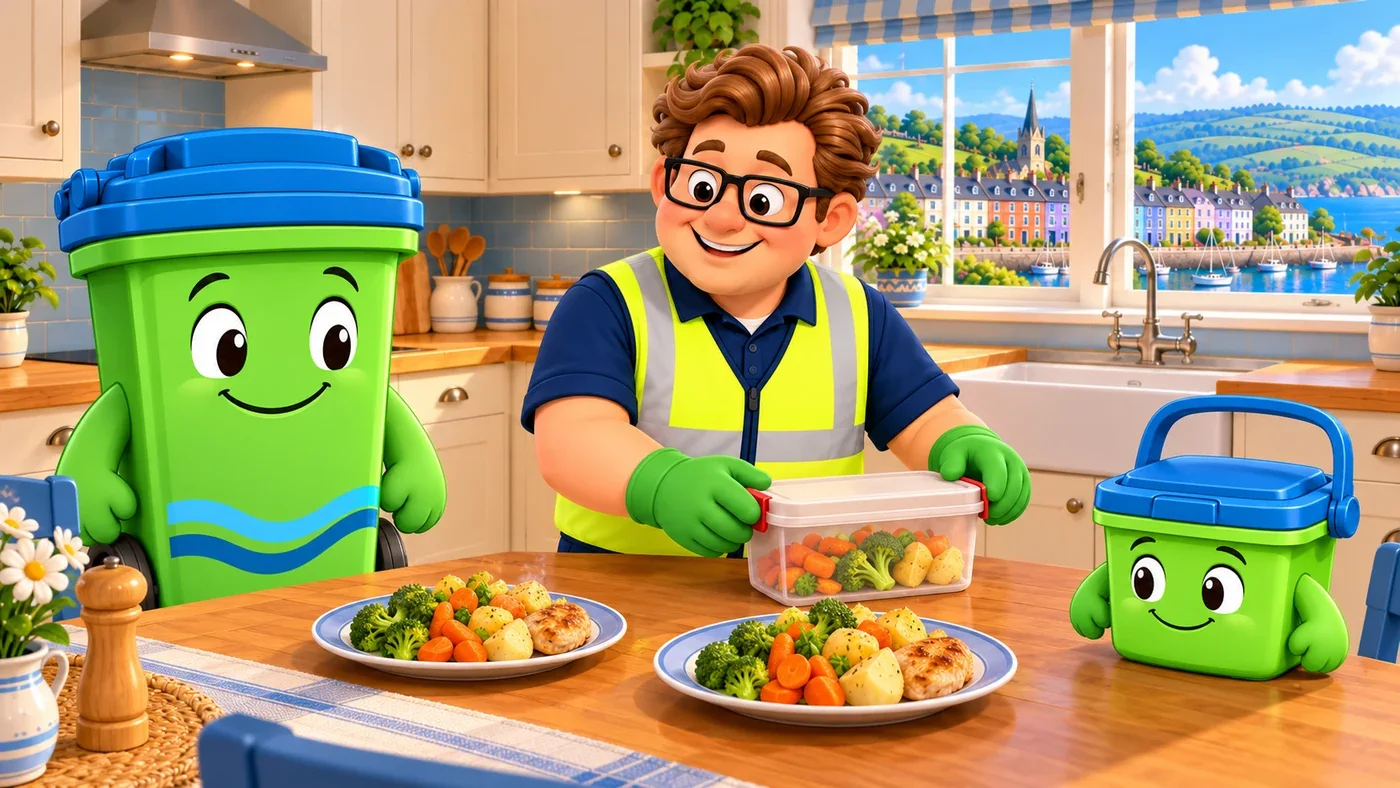 Eddie puts good food into a container to keep it fresh.