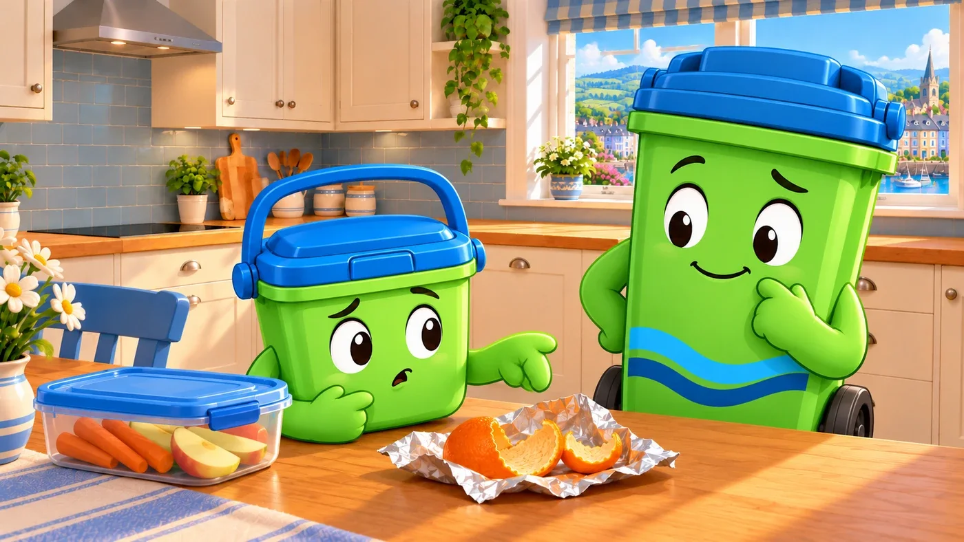 Wee Bin points at the wrapper with his mitten while Buddy listens.