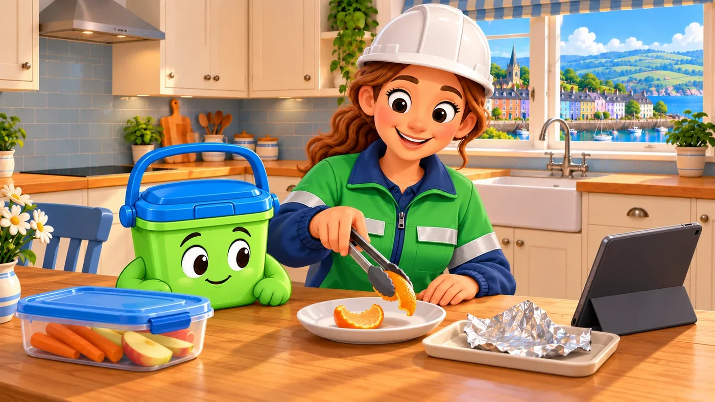 Amina uses tongs to move the orange peel from the wrapper onto a white dish, with a tablet beside her. Wee Bin watches, his lid closed.