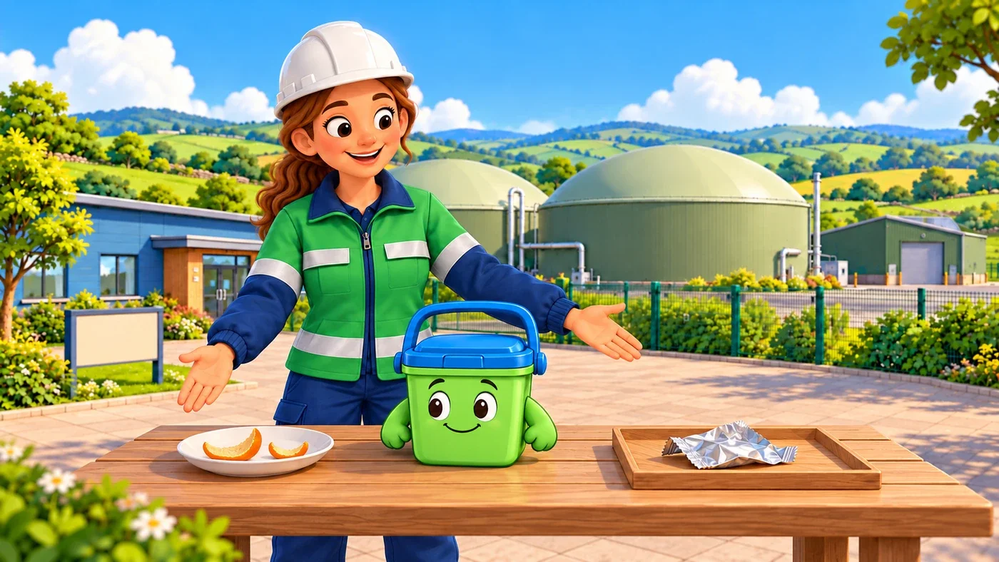 At the bio plant, behind a closed fence, Amina shows Wee Bin the peel on one dish and the empty wrapper on a separate tray.