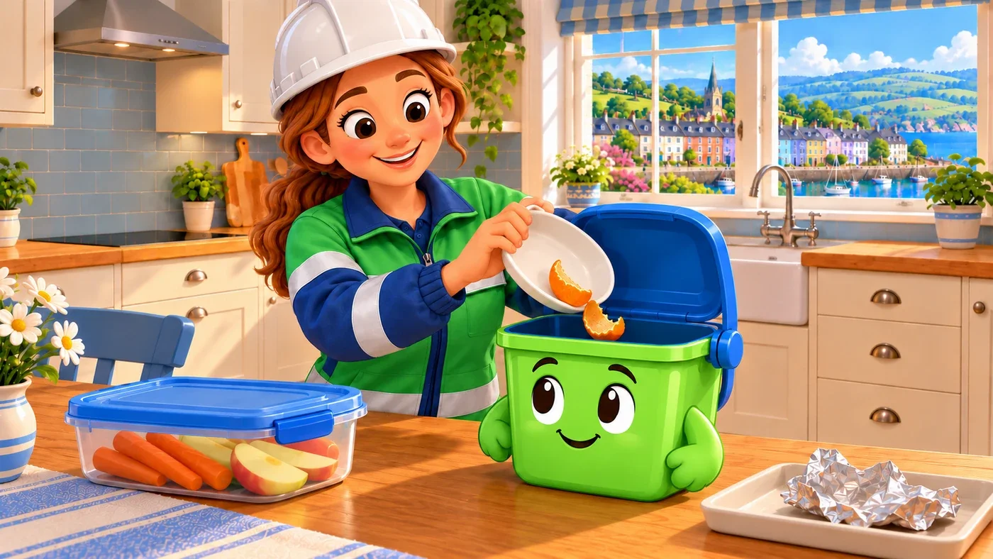 Back in the kitchen, Amina tips the two bits of peel into Wee Bin, with his lid open. The wrapper stays on its tray.