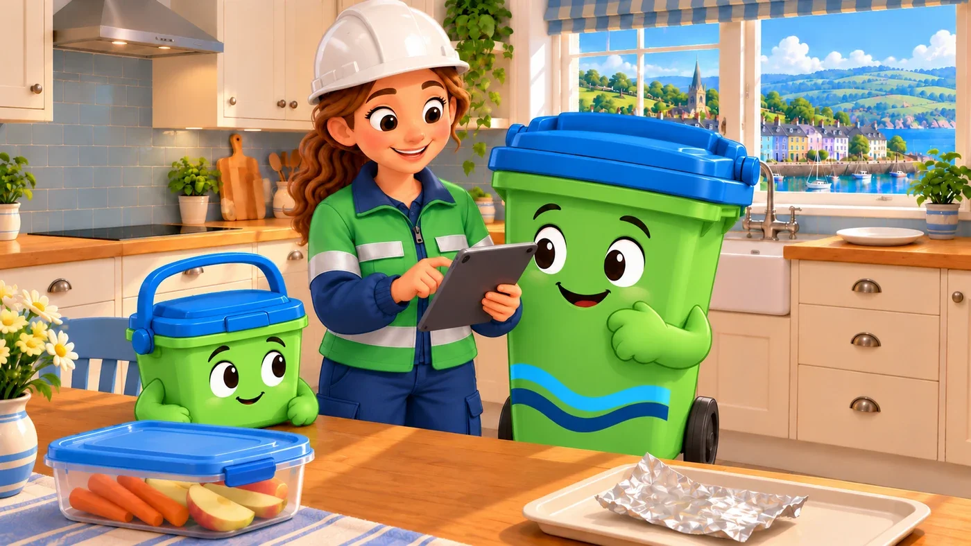 Amina checks a tablet while Buddy points at it. The saved food tub is put away, and Wee Bin sits closed on the table.