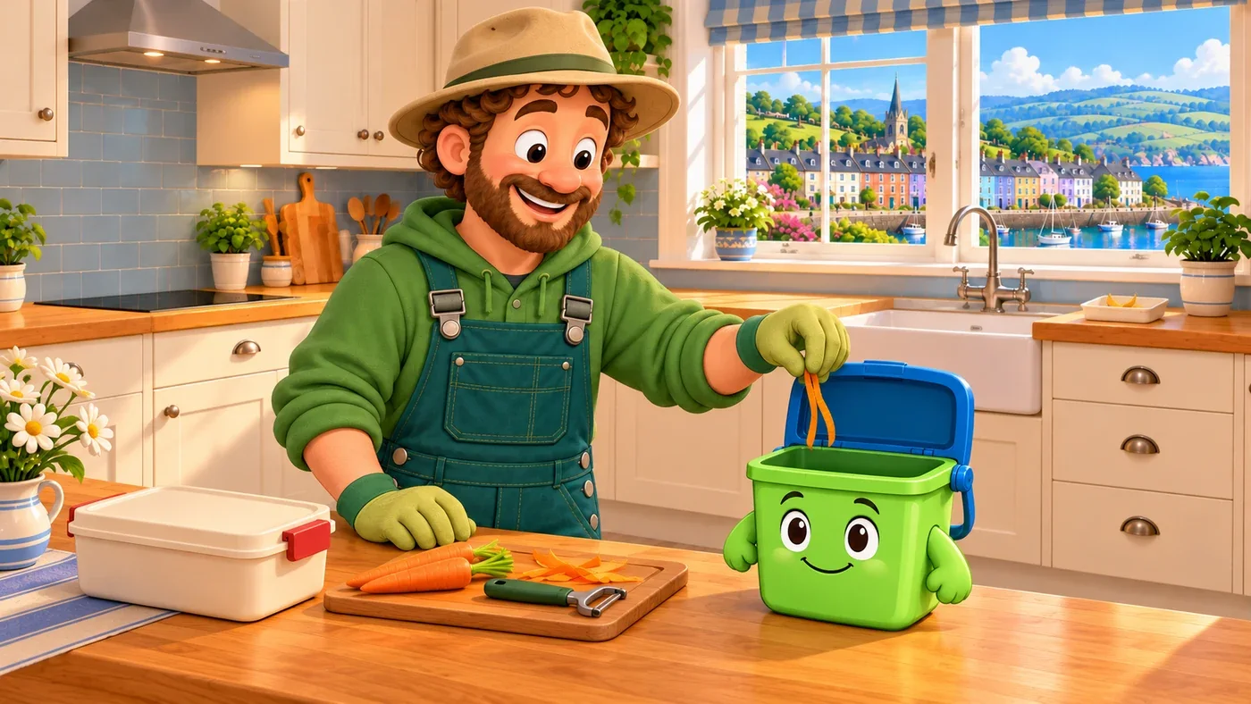 In the kitchen, Arthur puts peelings into Wee Bin.