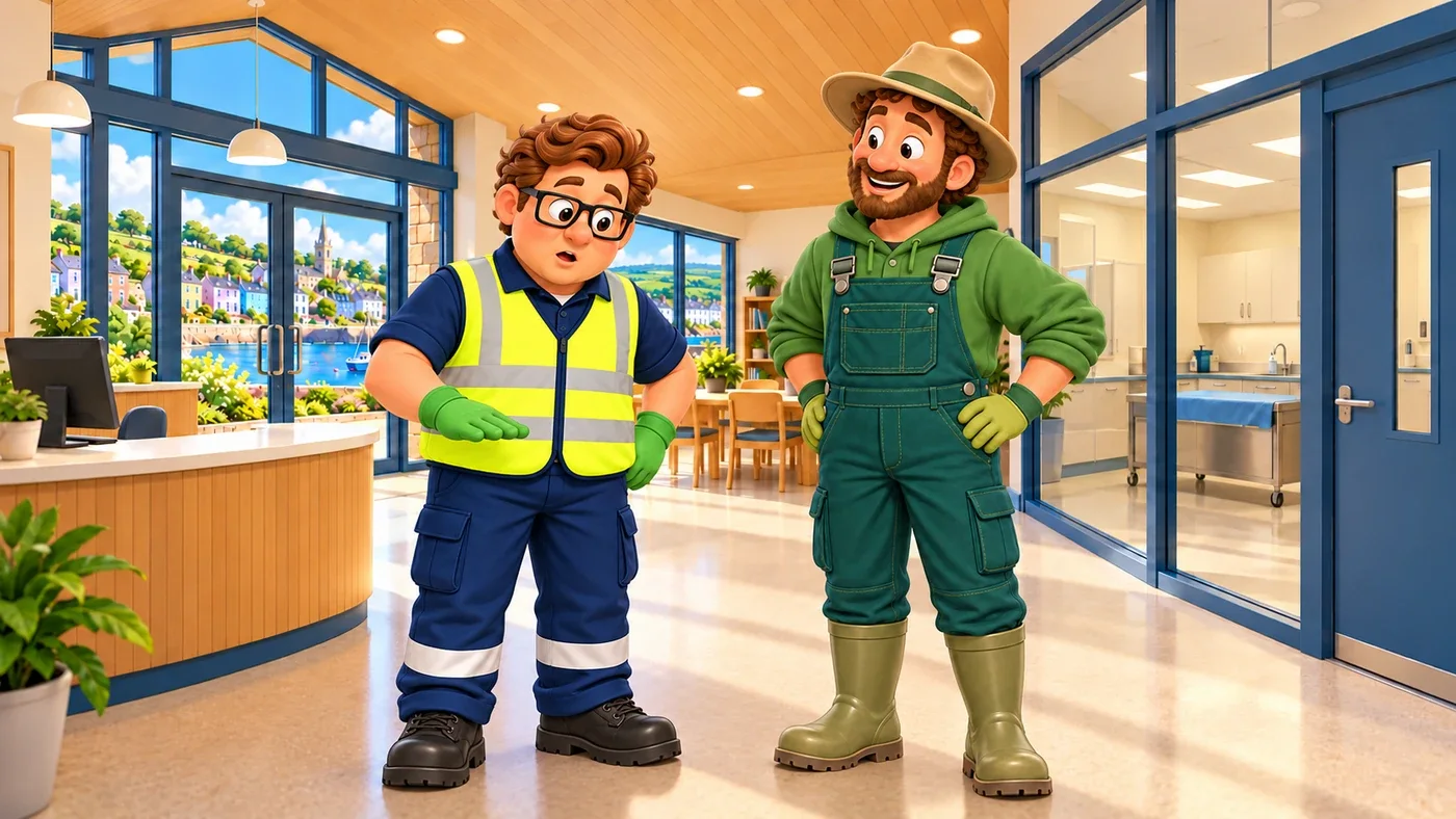 At the reception desk, Eddie holds his hand down low at his waist while Arthur smiles.