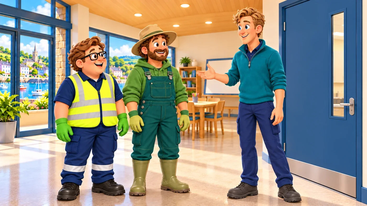 Wee Wullie, a tall man in a teal jumper, welcomes Eddie and Arthur at the door of the learning room.
