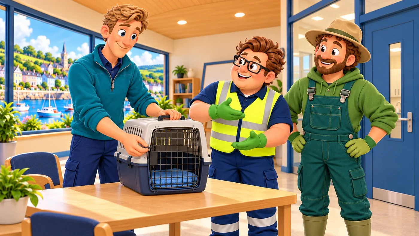 Eddie gestures towards Wee Wullie, who closes the latch on the empty carrier, while Arthur watches.