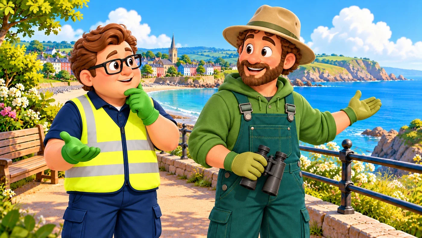 On the path, Eddie asks a question with one palm up, while Arthur holds his binoculars low and gestures back along the path.