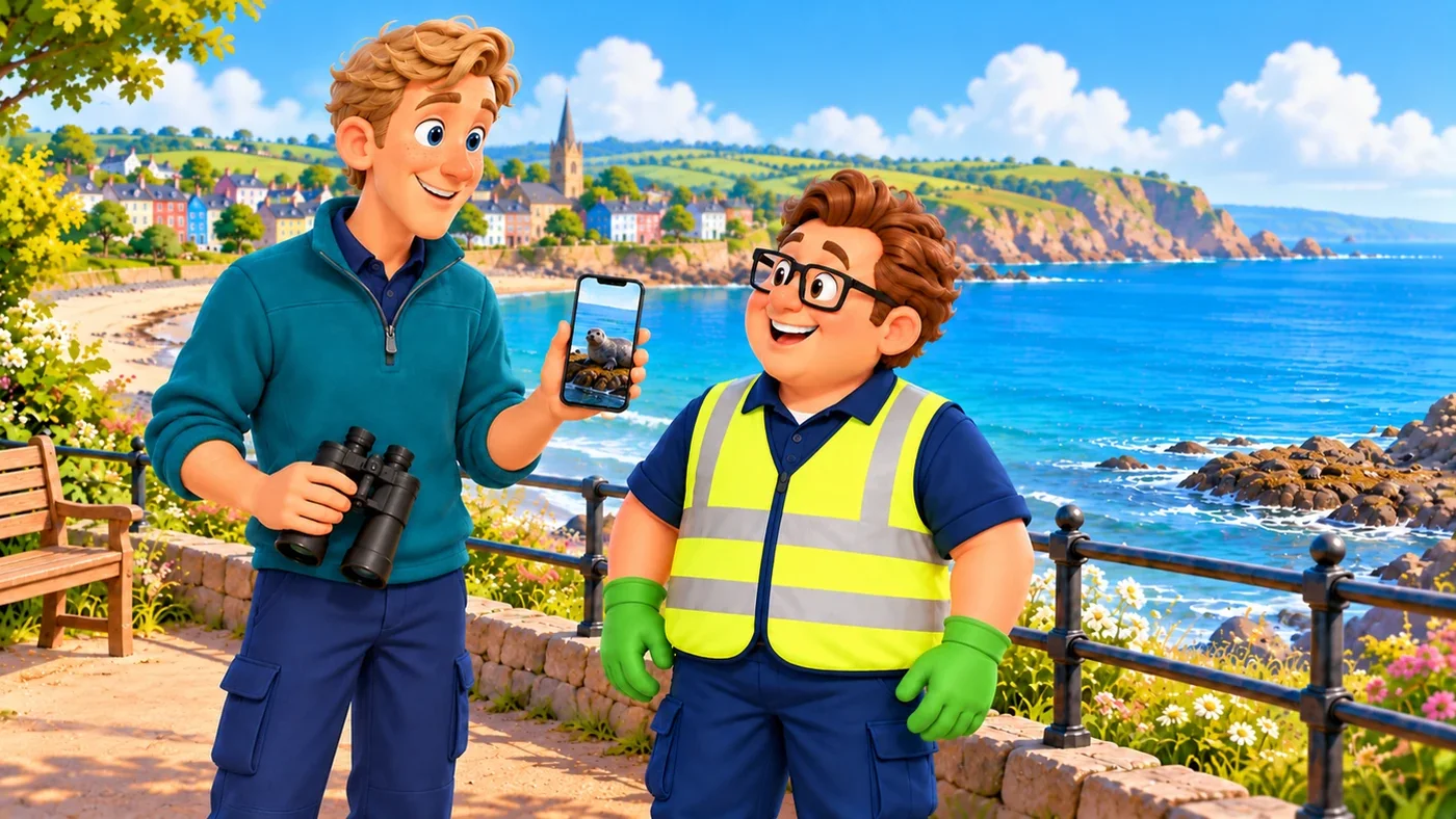 On the path, tall Wee Wullie shows Eddie a photo of a seal on his phone, holding binoculars in his other hand.