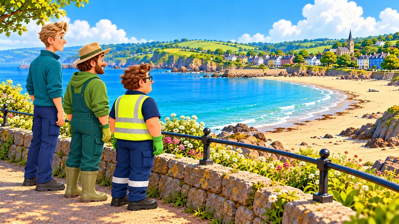 Wee Wullie, Arthur and Eddie stand together far back behind a stone wall, calmly watching the bay, with a tiny seal resting far across the beach.