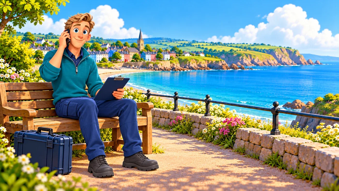 Wee Wullie sits alone on a path bench, talking on his phone and holding a clipboard, with a closed case beside him.