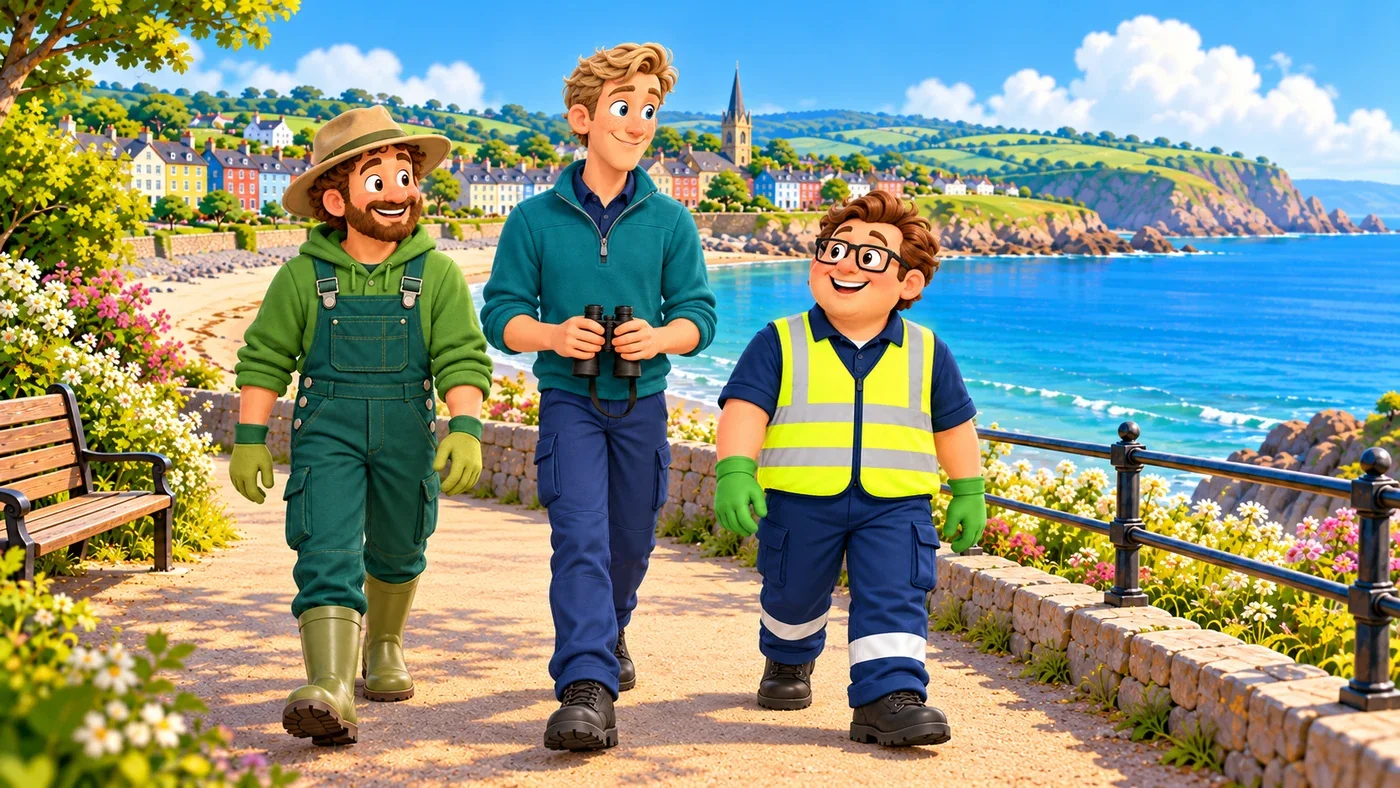 Wee Wullie, Arthur and Eddie walk on along the coastal path, away from the beach, with Wee Wullie’s binoculars lowered.