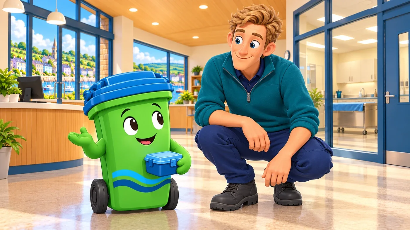In the hospital reception, Buddy holds a closed lunchbox and raises his other hand, while tall Wee Wullie crouches beside him to listen.