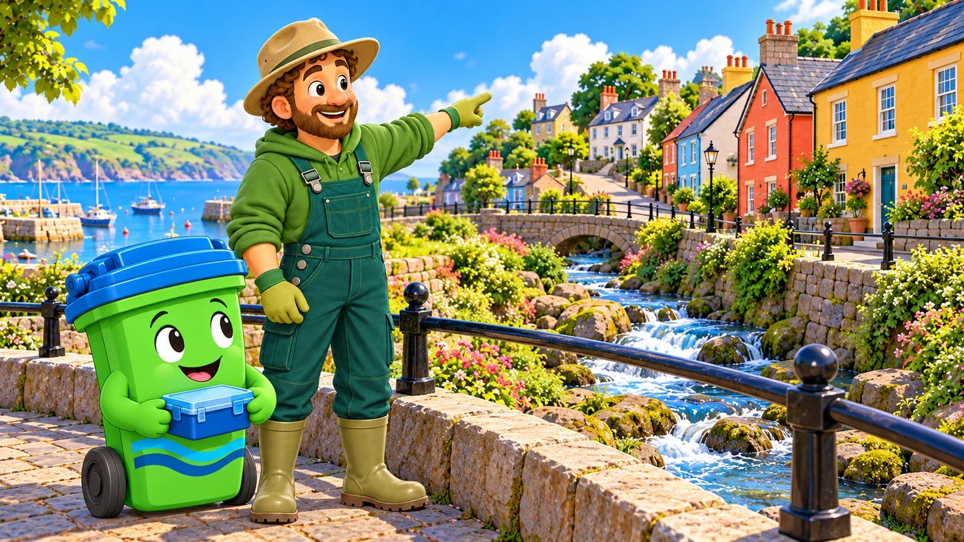 On a stone bridge over the burn, Arthur points upstream towards the town, and Buddy stands beside him holding his closed lunchbox.