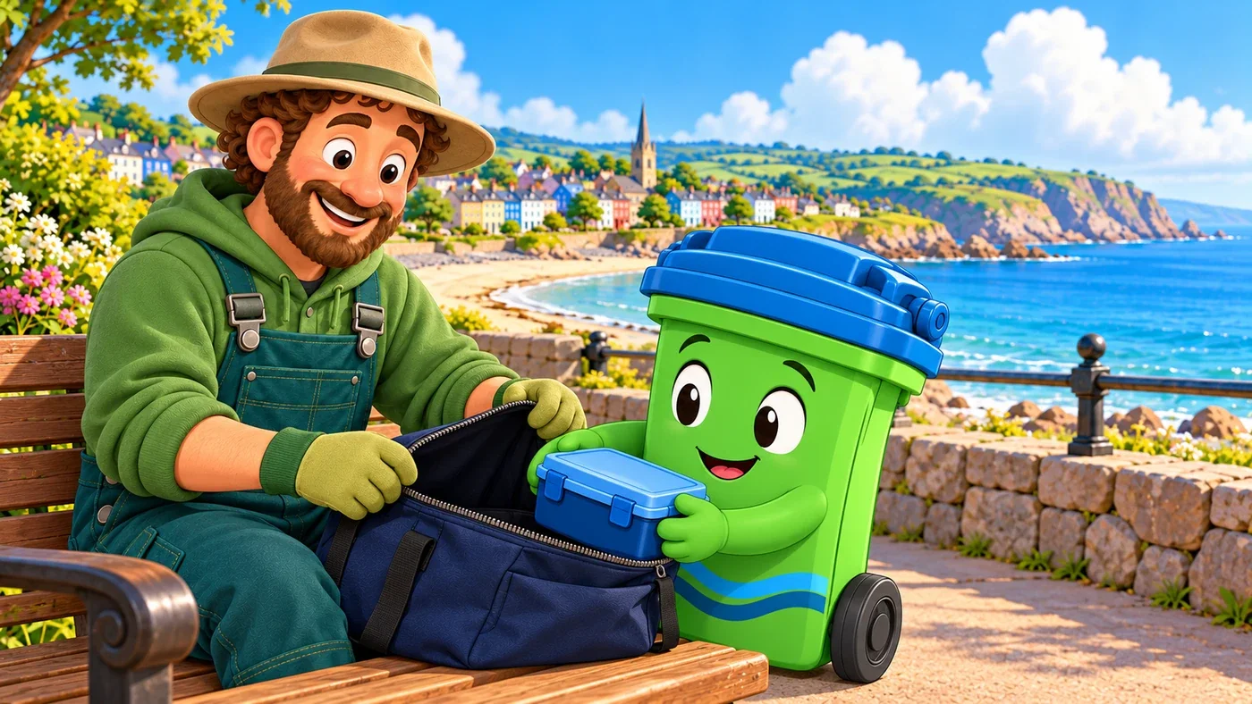 On a coastal path bench, Arthur holds open a navy carry bag while Buddy places his fastened lunchbox inside.