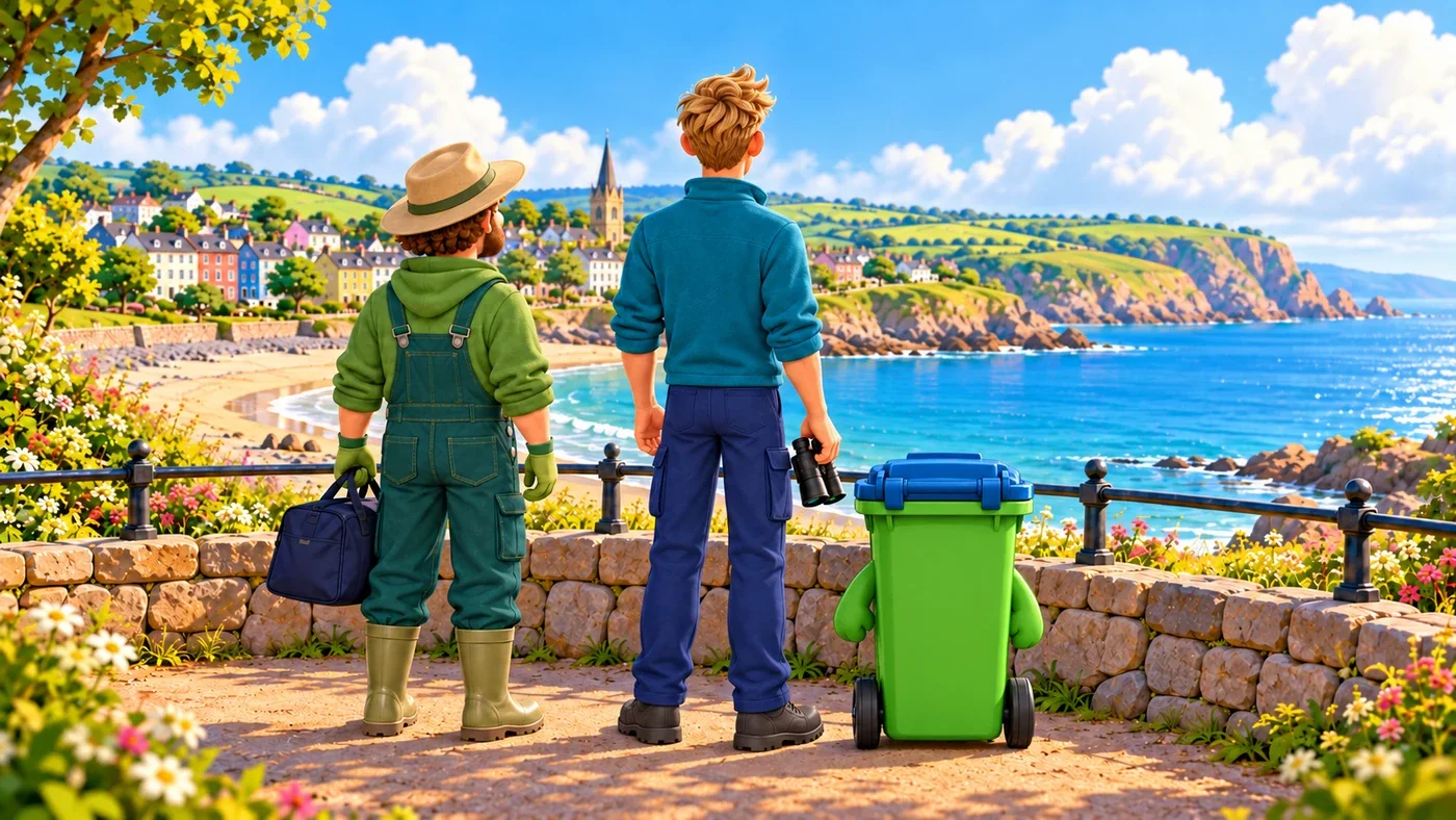 Wee Wullie, Arthur and Buddy stand behind the wall and railing on the coastal path, looking calmly out to sea; Arthur has the closed bag at his side.