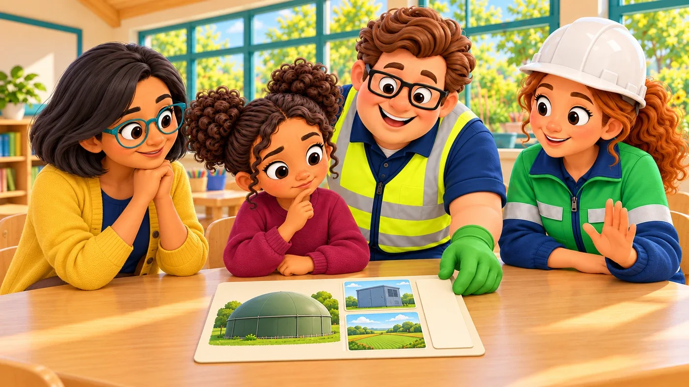 Eddie lays one long cream caption strip across both destination pictures while Zara looks thoughtful and Isla and Amina watch kindly.