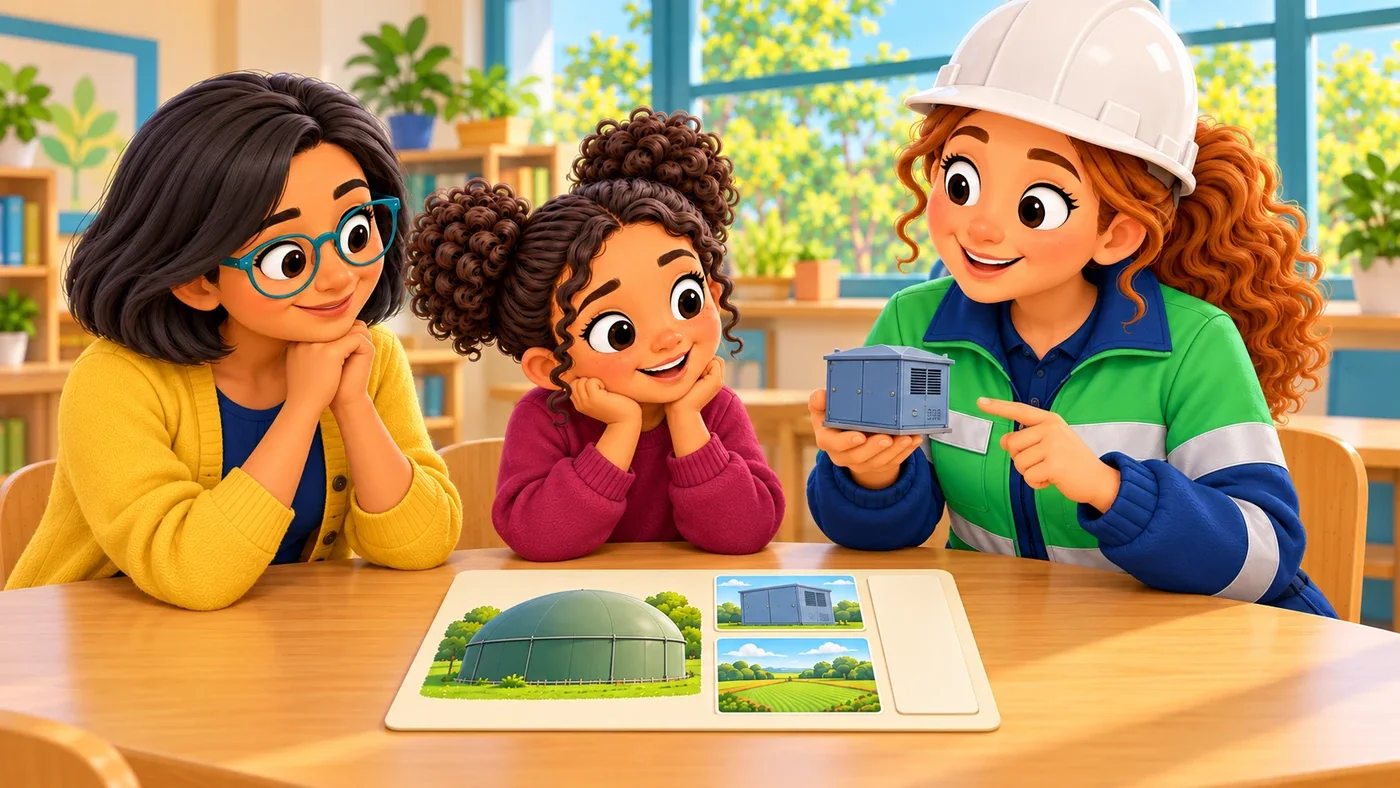Amina holds a small model of a closed energy cabinet beside its matching card while Zara and Isla listen, and the field card sits apart.