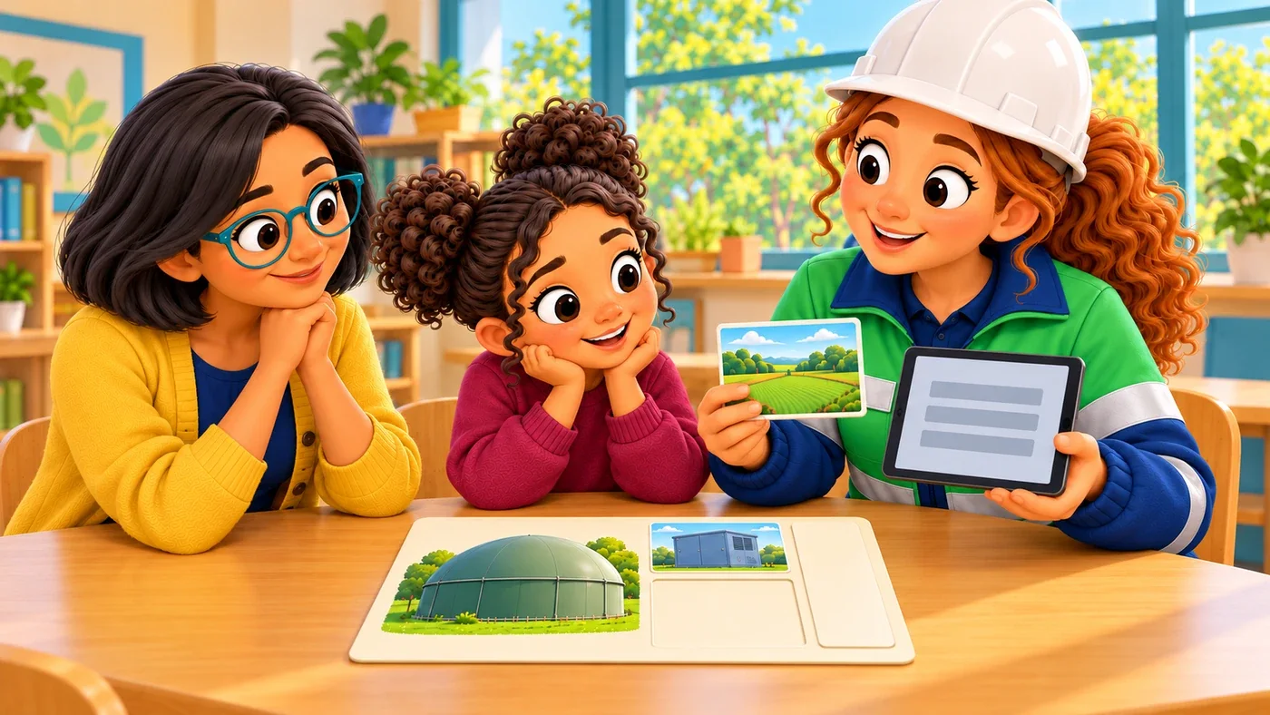 Amina holds the field picture card next to a small tablet showing a checking page while Zara and Isla watch, and the cabinet model stays apart.