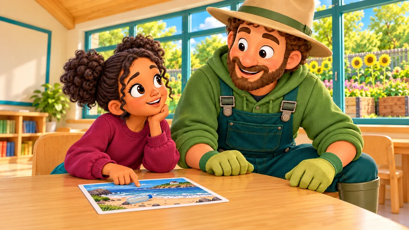 Zara looks up at Arthur with her fingertip on the shore picture, and Arthur listens beside her.