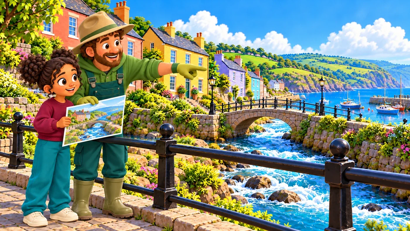 On a railed bridge over the burn, Arthur shows Zara a small picture of a street and a burn and points downstream.