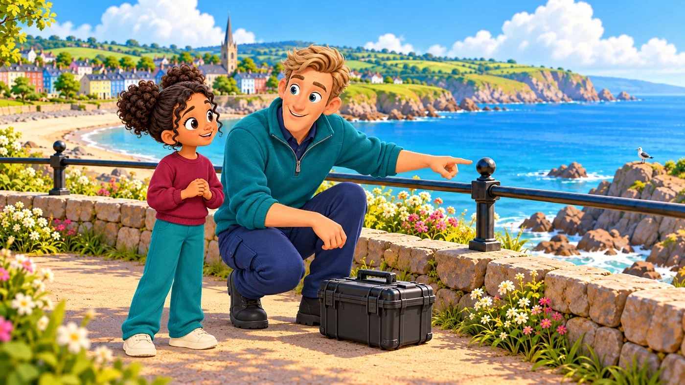 On a railed coastal path, tall Wee Wullie bends to talk to Zara and points to a closed case at his feet, far from a tiny seabird resting on the rocks.