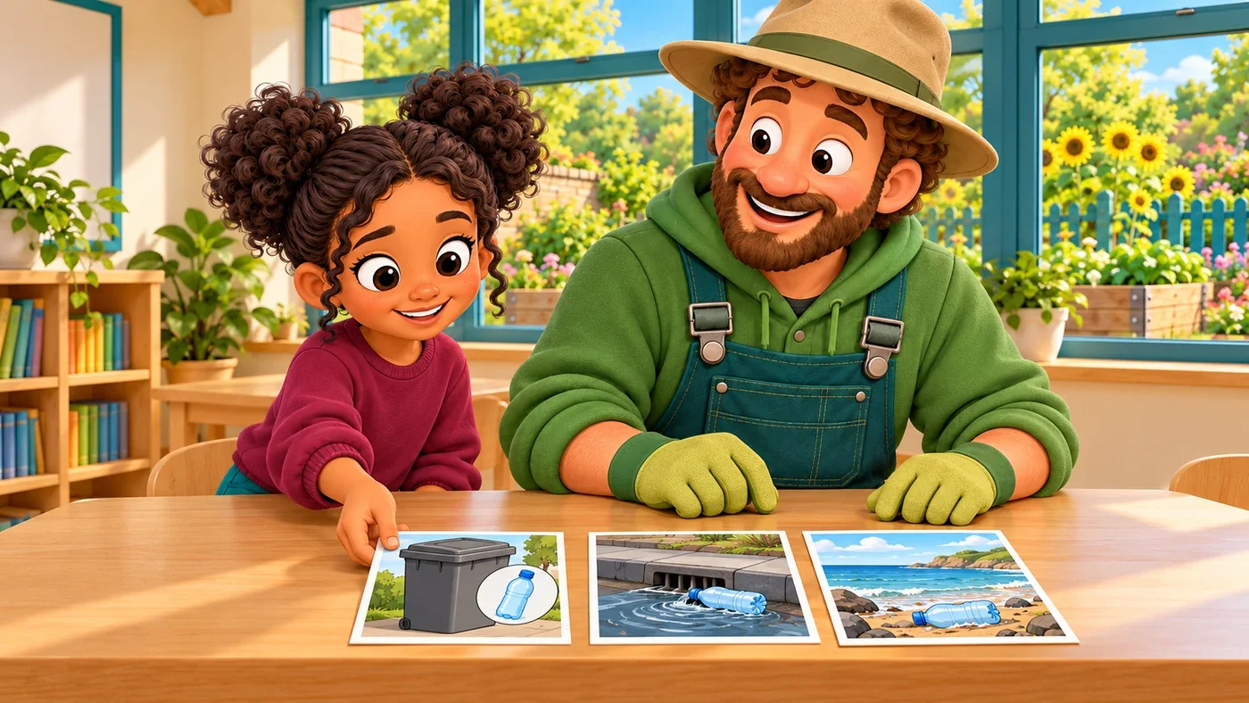 Back at the school table, Zara places a picture of a closed collection container in front of the street and shore pictures while Arthur watches.