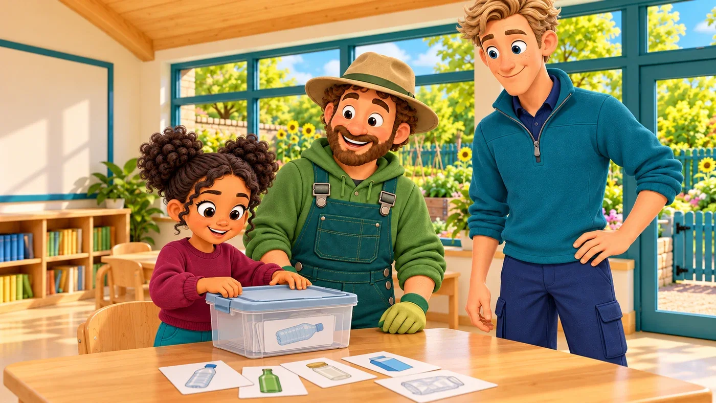 In the classroom, Zara closes the lid of a small box of picture cards, with Arthur beside her and tall Wee Wullie listening.