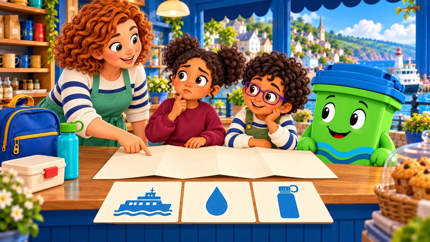 A map with several blue symbols, including a water drop and a ferry.