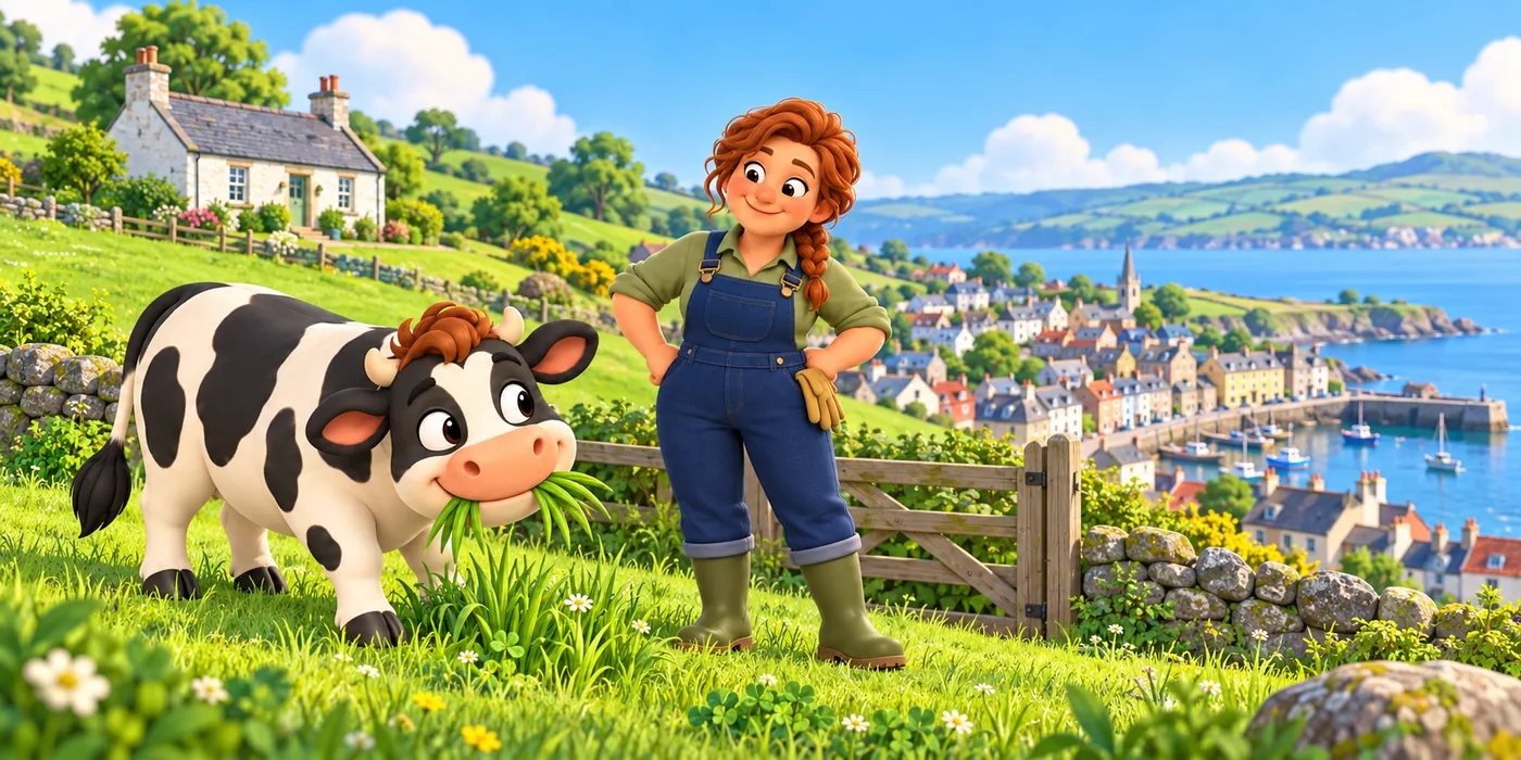 Fiona the farmer and Hamish the black-and-white cow in a sunny hillside field, with a small white cottage above and the town of Gullbrae and its harbour below.