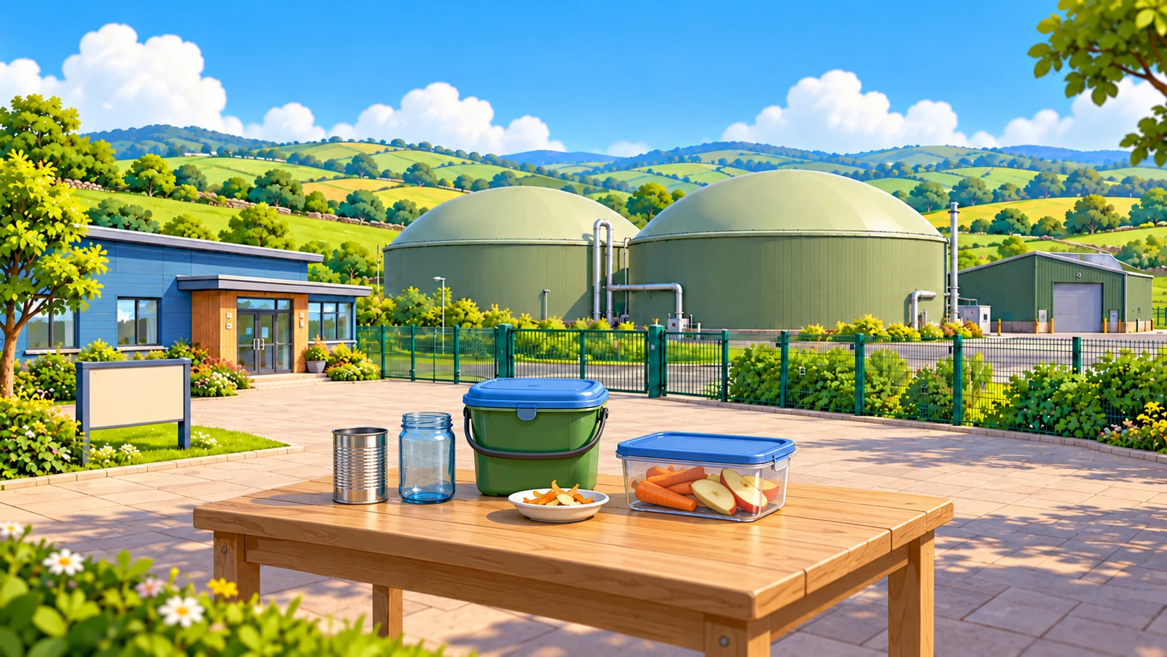 A table on the visitor terrace at the Gullbrae bio plant. A tin can and a glass jar stand right beside the green food caddy, with a dish of peelings and a closed tub of carrot sticks and apple slices.
