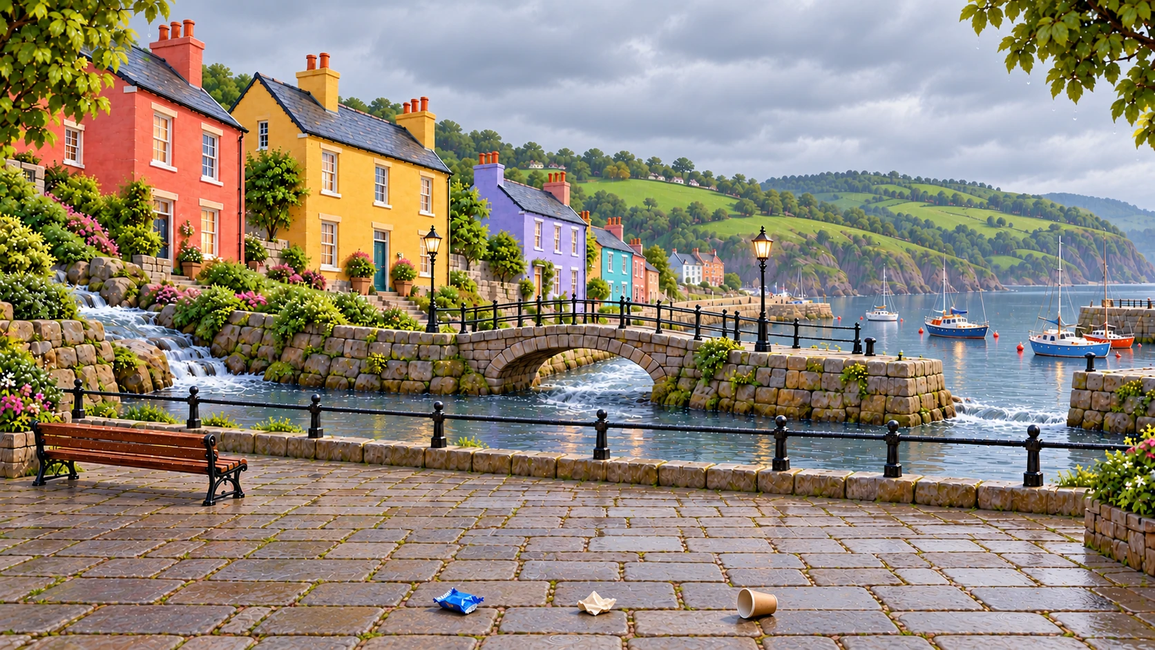 The burn running under a stone bridge into the sea at Gullbrae, on a grey day before the rain. A blue wrapper, a paper scrap and an empty cup lie on the pavement by the railings.