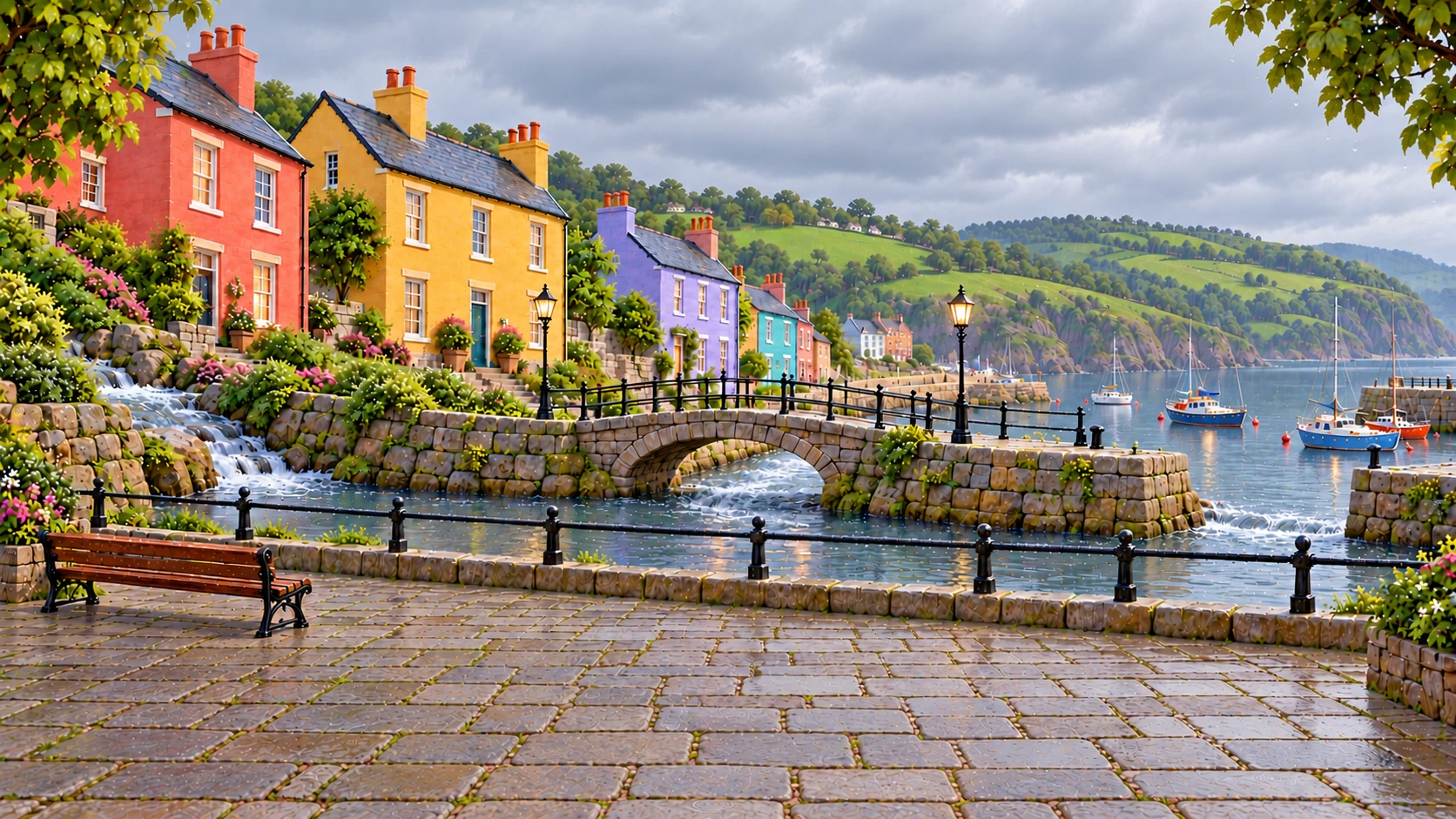 The same view of the burn and the bridge before the rain, with the pavement clear.