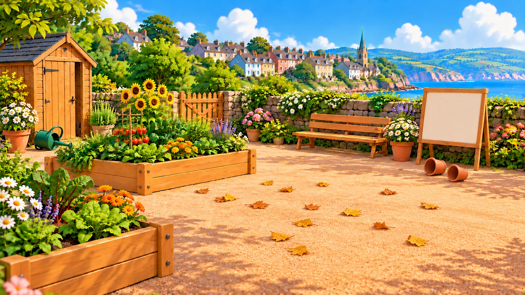 The community garden in Gullbrae. Dry leaves are scattered across the path, two flowerpots have tipped over and a watering can lies on its side by the shed.