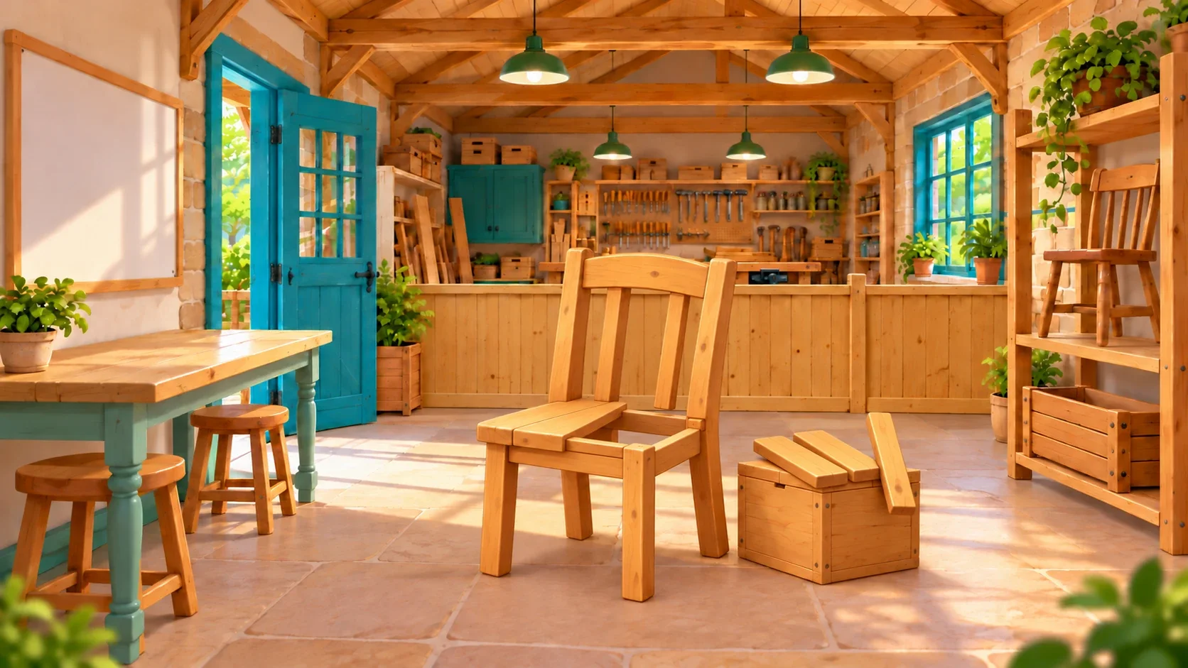 Stan’s repair workshop in Gullbrae: a wooden room with tools on the back wall. In the middle, a wooden chair has lost its seat, and the loose seat slats lie on a box beside it.